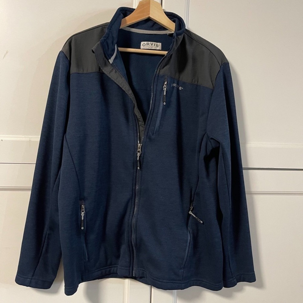Orvis Mens Blue Gray Full Zip Fleece Jacket Nylon Shoulder Overlay Size Medium